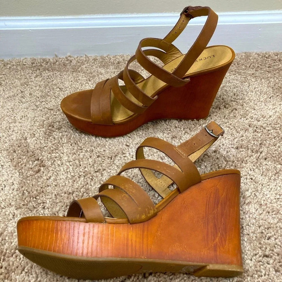 Lucky brand Latinaa strappy wedge sandals brown leather faux wood - Picture 4 of 11
